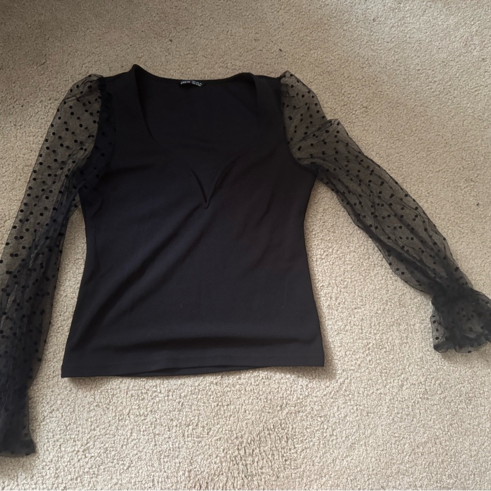 SHEIN Black Blouse with Sheer Polka Dot Sleeves